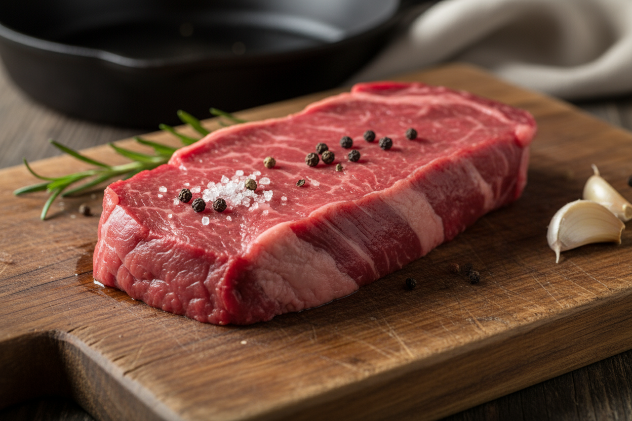 Raw fillet steak on wooden board 